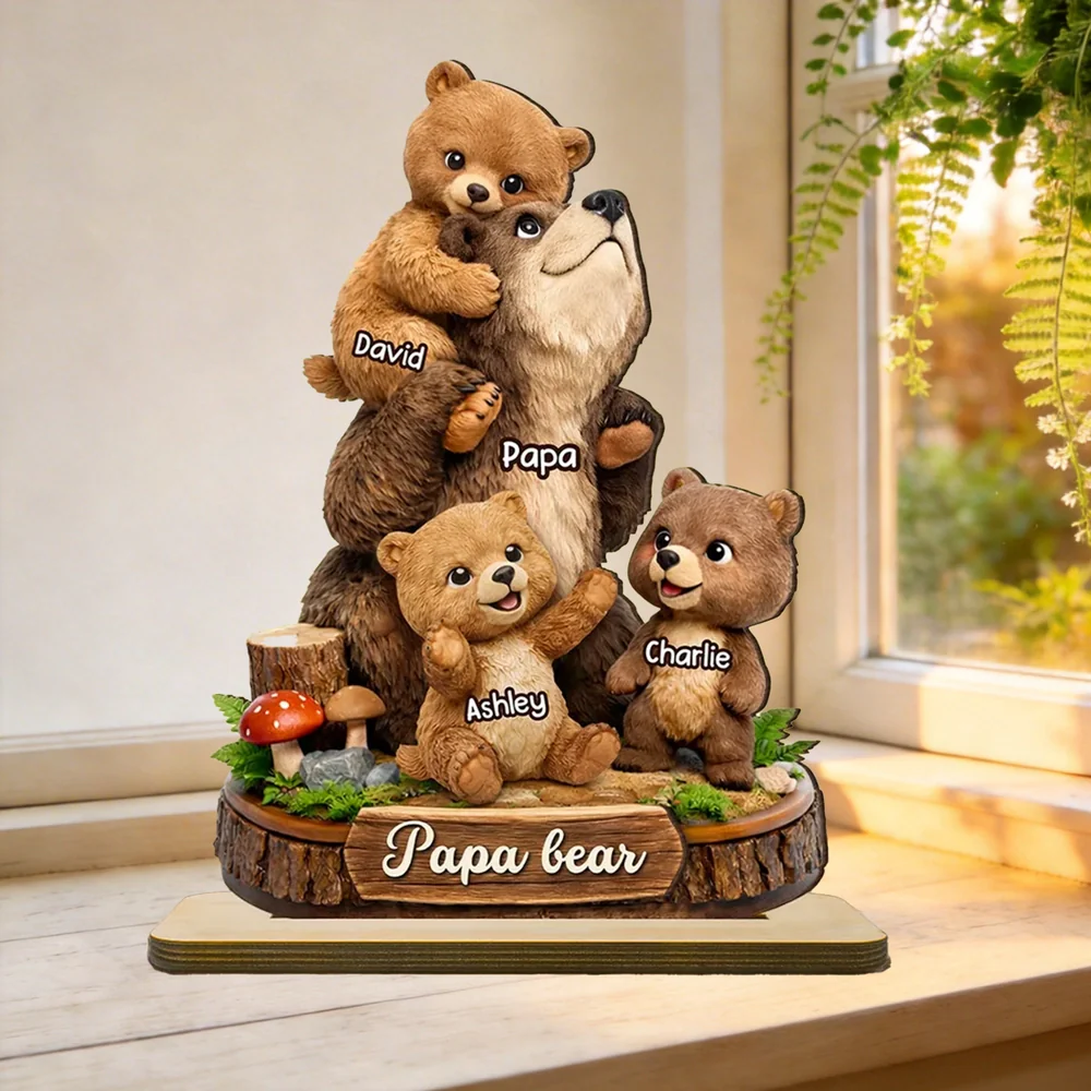 Personalized Papa Bear 2-Layer Wooden Plaque, Cute Bear Family Hugging Scene, Unique Father's Day Gift for Dad or Grandpa