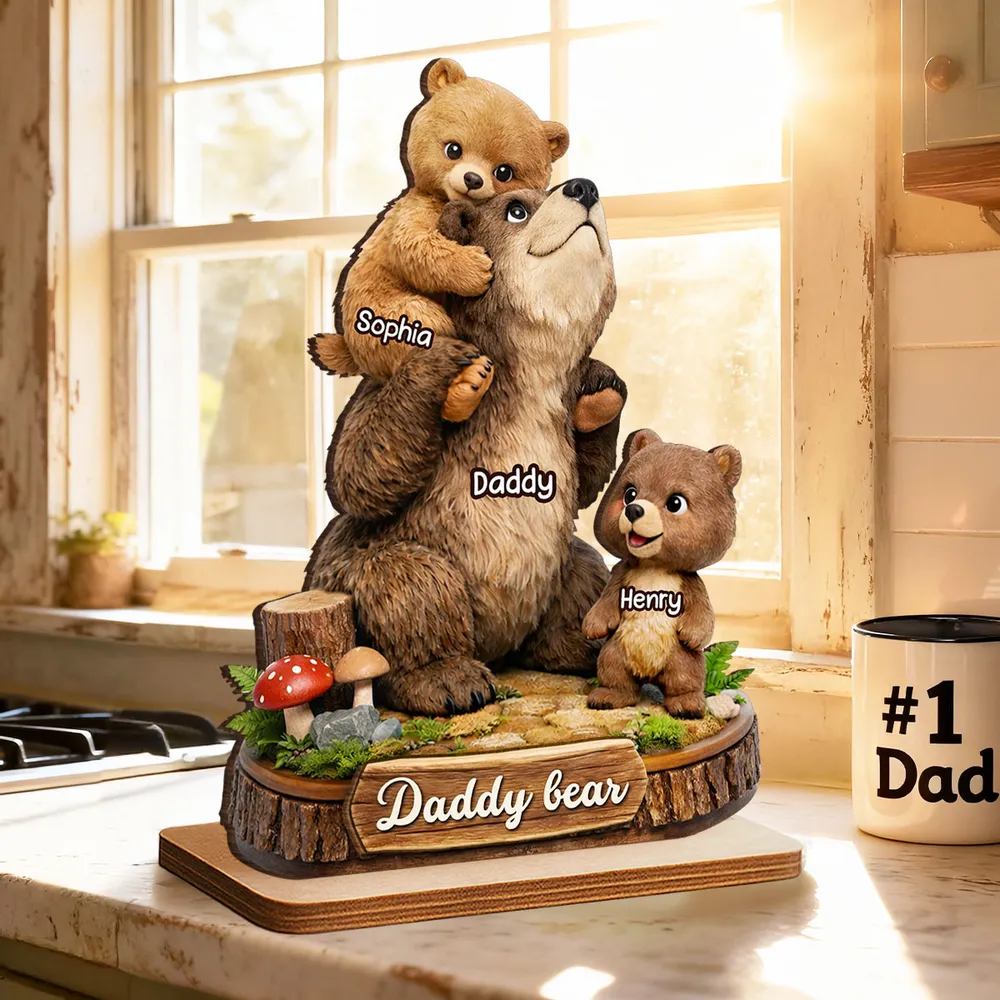 Personalized Papa Bear 2-Layer Wooden Plaque, Cute Bear Family Hugging Scene, Unique Father's Day Gift for Dad or Grandpa - Image 2