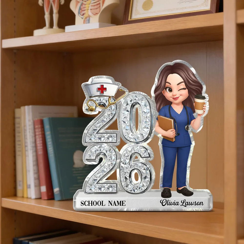 Personalized Shaped Acrylic Block Plaque for Nursing Graduation Class Gift, Cute Nurse Holding Coffee Keepsake - Image 2