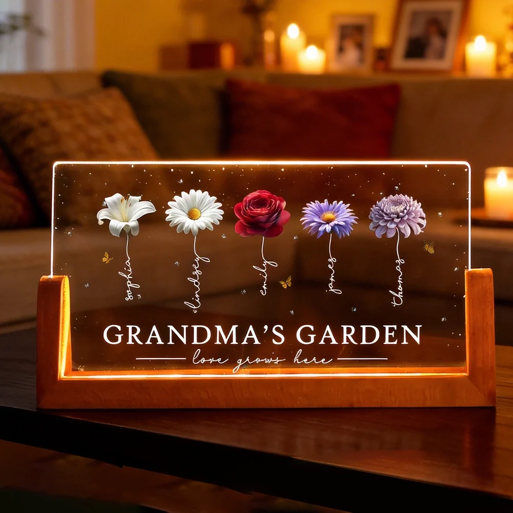 Personalized Grandma's Garden LED Light Frame With Birth Flowers, Cozy Nightstand Glow, Unique Gift For Grandma