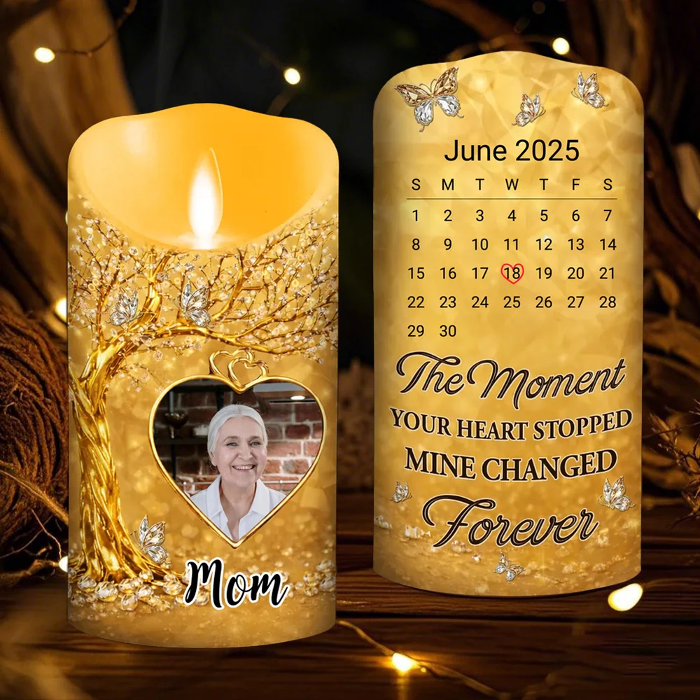 Personalized Flameless LED Candle with Photo Calendar Heart Date Warm Glow Memorial Keepsake Unique Gift for Mom