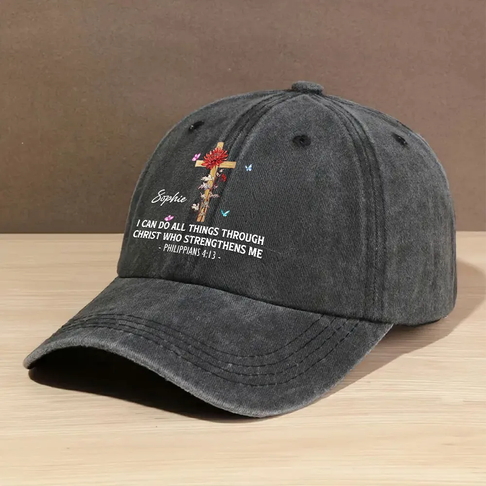 Personalized Washed Denim Baseball Cap With Faith Quote And Floral Cross Vintage Look Unique Christian Gift - Image 5