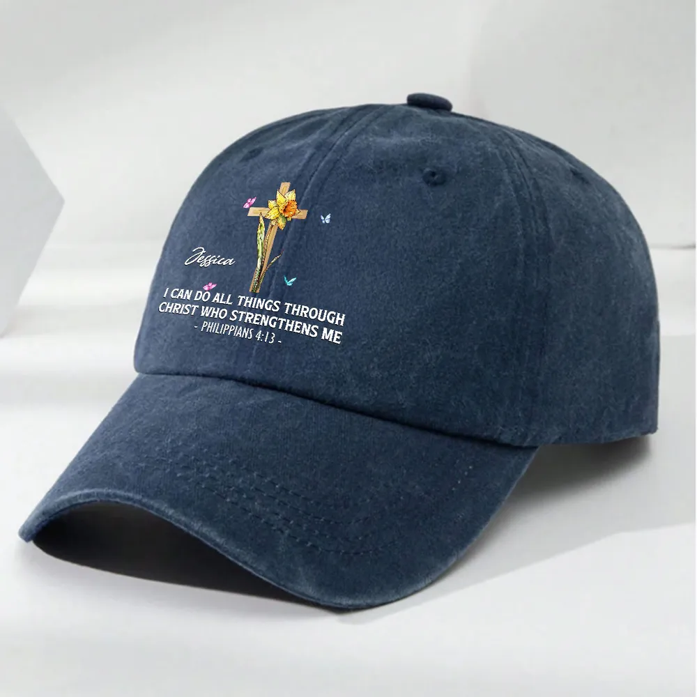Personalized Washed Denim Baseball Cap With Faith Quote And Floral Cross Vintage Look Unique Christian Gift - Image 6