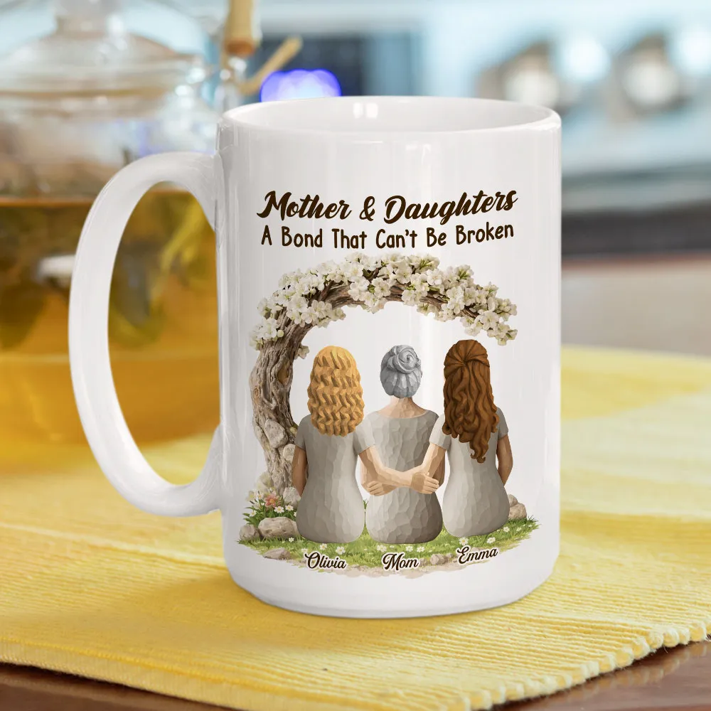Personalized Mother & Daughter White Ceramic Mug with Back View Hug Under Blossom Tree, Unique Mother's Day Gift - Image 3