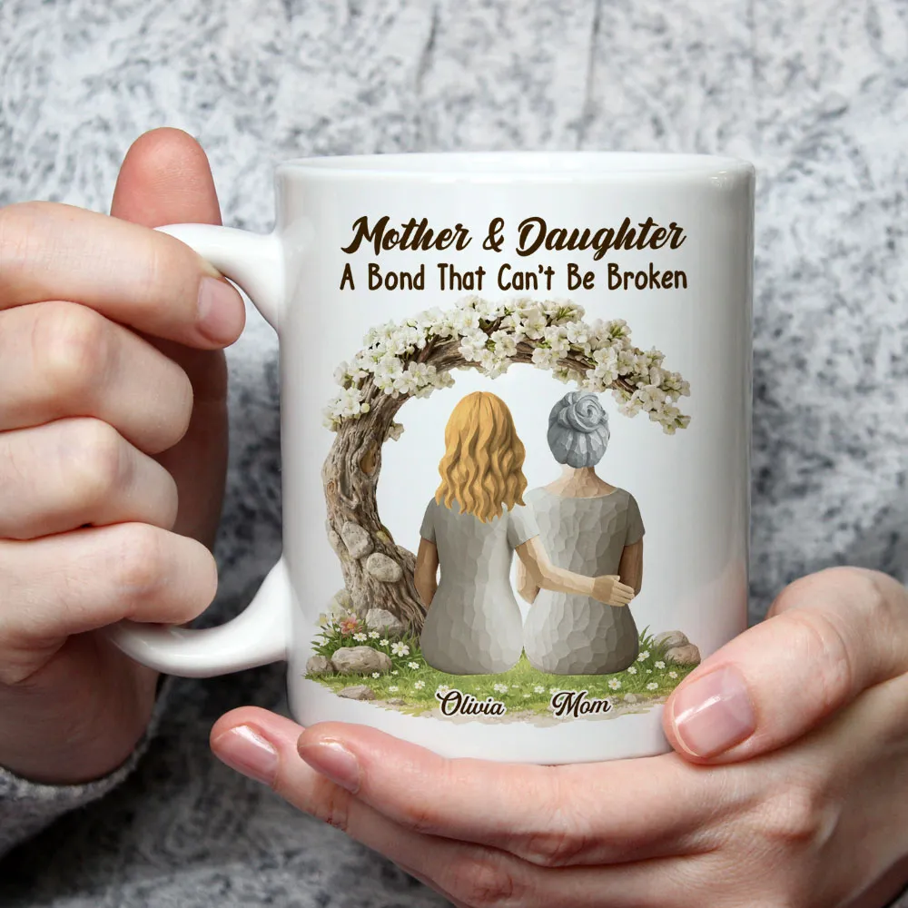 Personalized Mother & Daughter White Ceramic Mug with Back View Hug Under Blossom Tree, Unique Mother's Day Gift - Image 5