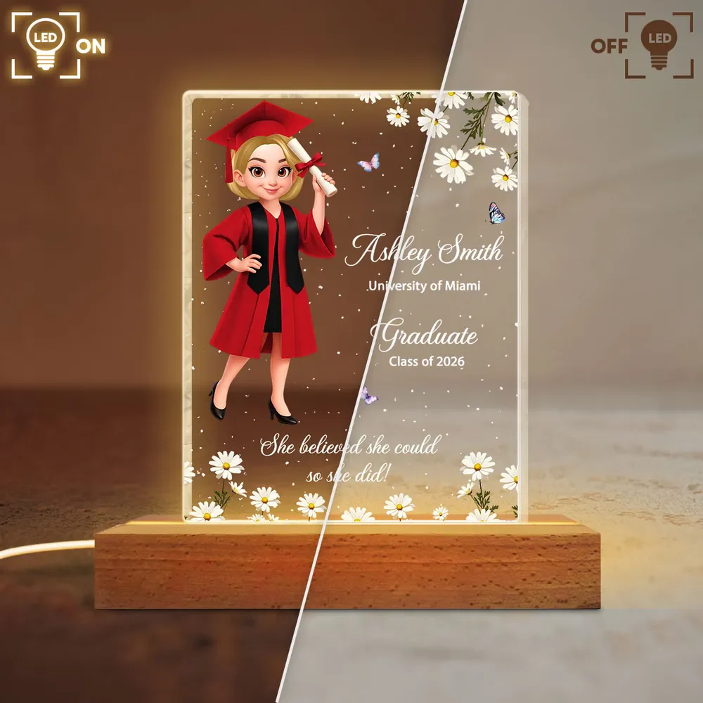 She Believed She Could So She Did Personalized Block LED Light Plaque for Graduates, Bedside Decor with Warm Light Gift - Image 2