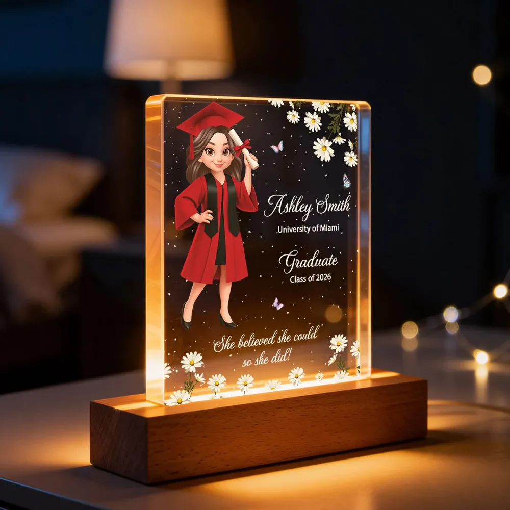She Believed She Could So She Did Personalized Block LED Light Plaque for Graduates, Bedside Decor with Warm Light Gift - Image 3