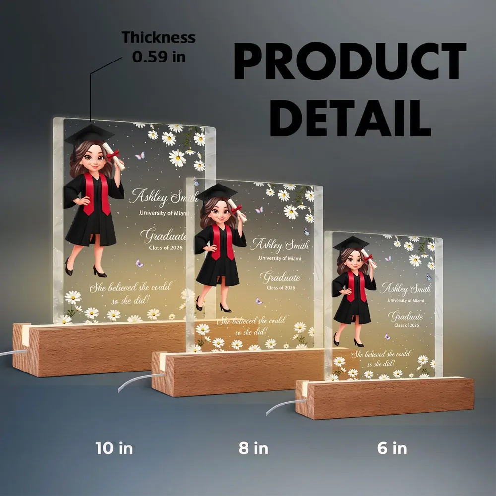 She Believed She Could So She Did Personalized Block LED Light Plaque for Graduates, Bedside Decor with Warm Light Gift - Image 4