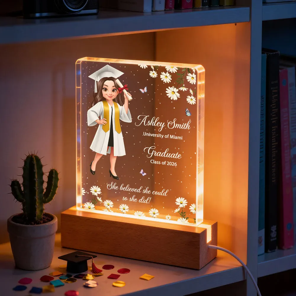 She Believed She Could So She Did Personalized Block LED Light Plaque for Graduates, Bedside Decor with Warm Light Gift - Image 6
