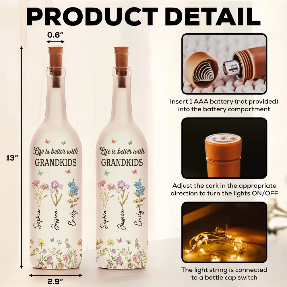 Bottle Lamp Personalized for Grandkids, Soft Warm Ambient Light with Wildflowers, Thoughtful Home Decor Gift for Grandma - Image 6