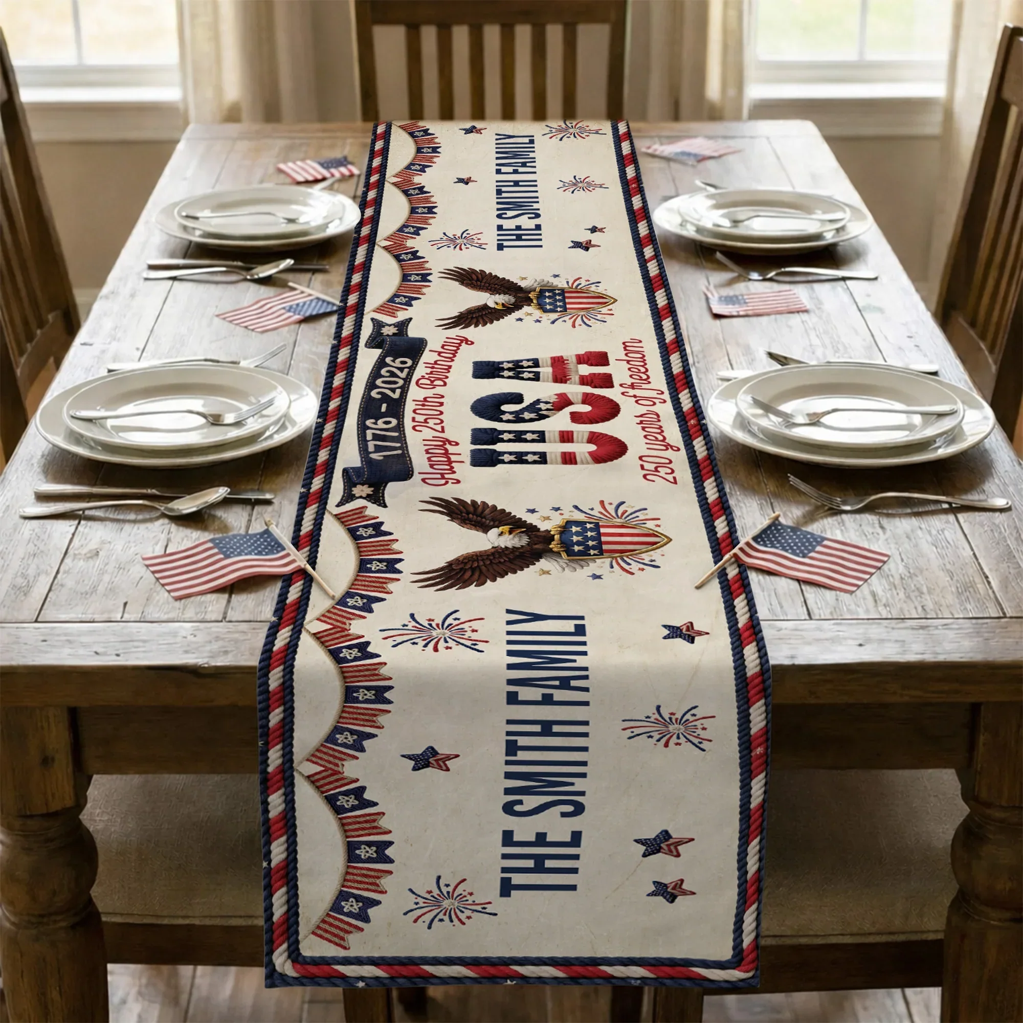 Personalized USA 250th Anniversary Table Runner with Patriotic Eagles & Fireworks - Unique Creative Gift for Family Hosts - Image 2