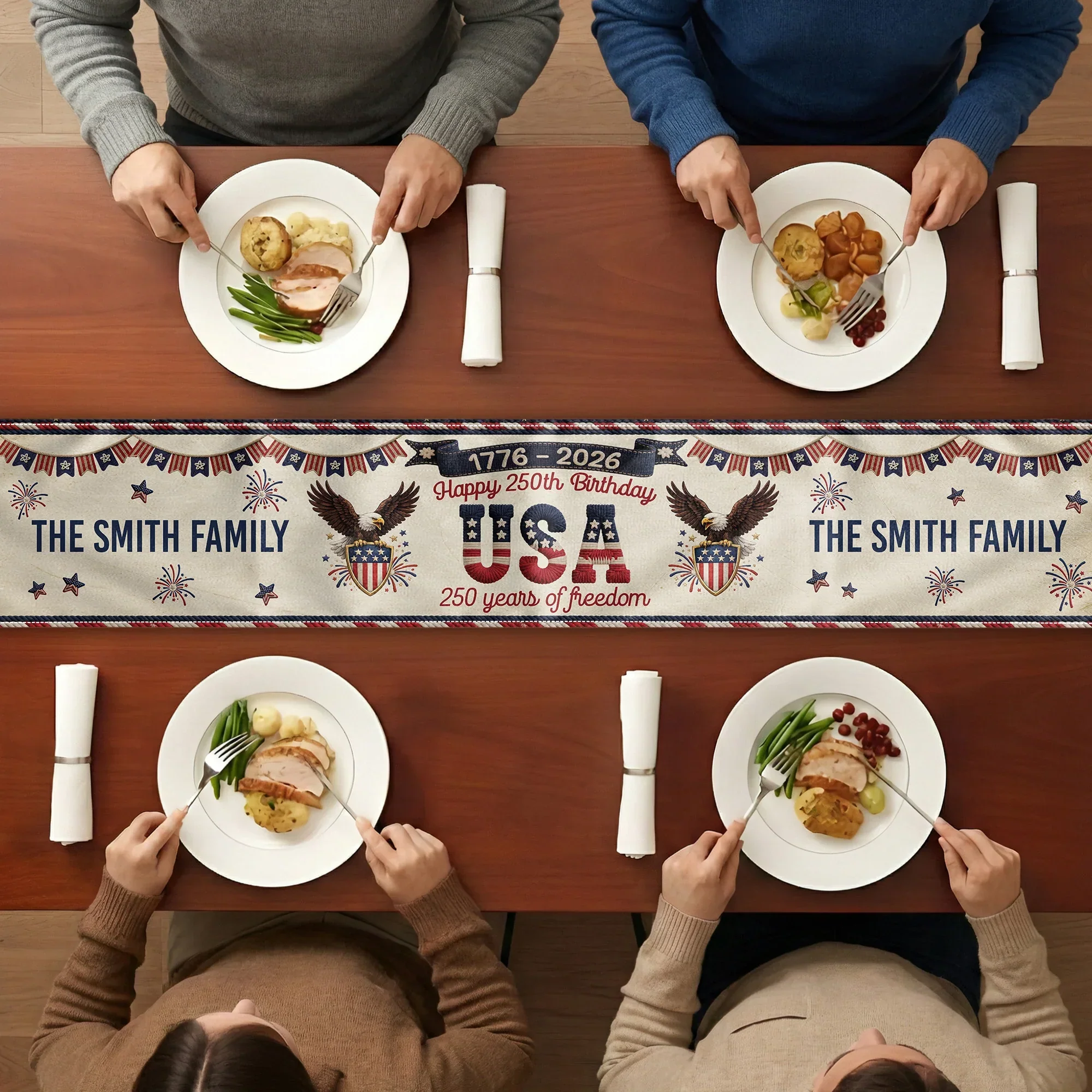 Personalized USA 250th Anniversary Table Runner with Patriotic Eagles & Fireworks - Unique Creative Gift for Family Hosts - Image 4