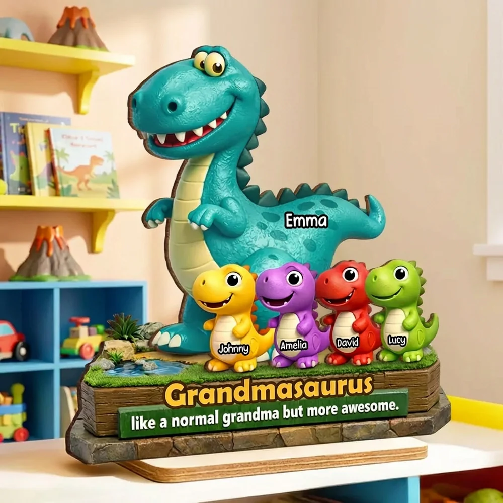 2-Layer Wooden Plaque Personalized Grandmasaurus With Cute Dino Kids - Sweet Living Room or Nursery Display, Creative Gift for Grandma