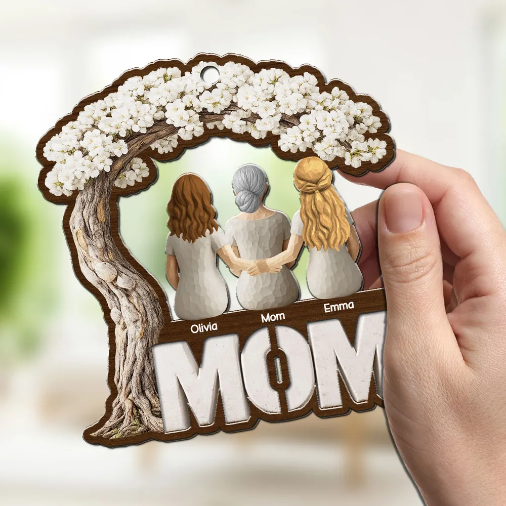 Personalized Wood and Acrylic Layered Ornament for Mom, Back View Family Under Blossom Tree, Unique Gift for Her - Image 3