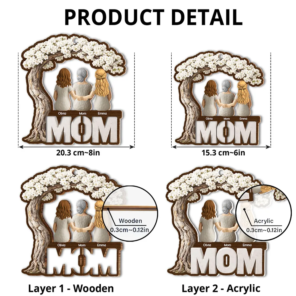 Personalized Wood and Acrylic Layered Ornament for Mom, Back View Family Under Blossom Tree, Unique Gift for Her - Image 4