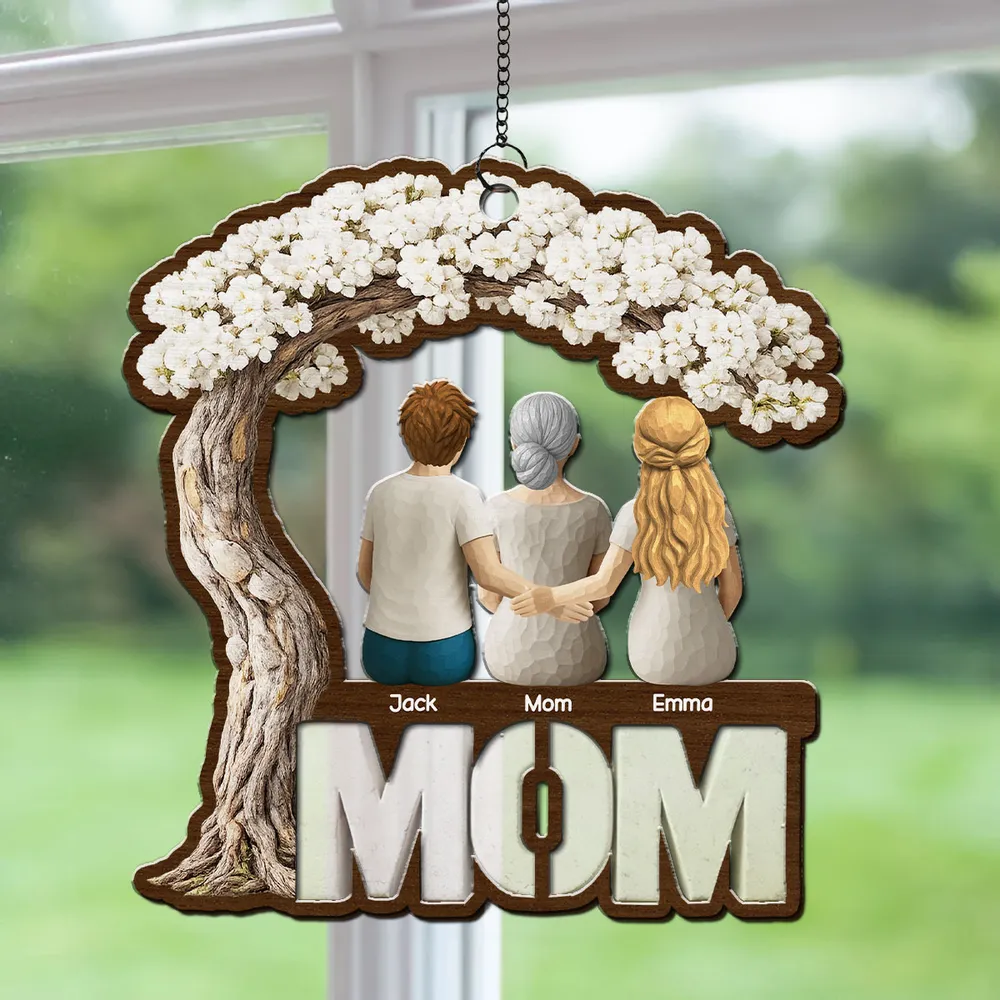Personalized Wood and Acrylic Layered Ornament for Mom, Back View Family Under Blossom Tree, Unique Gift for Her - Image 5