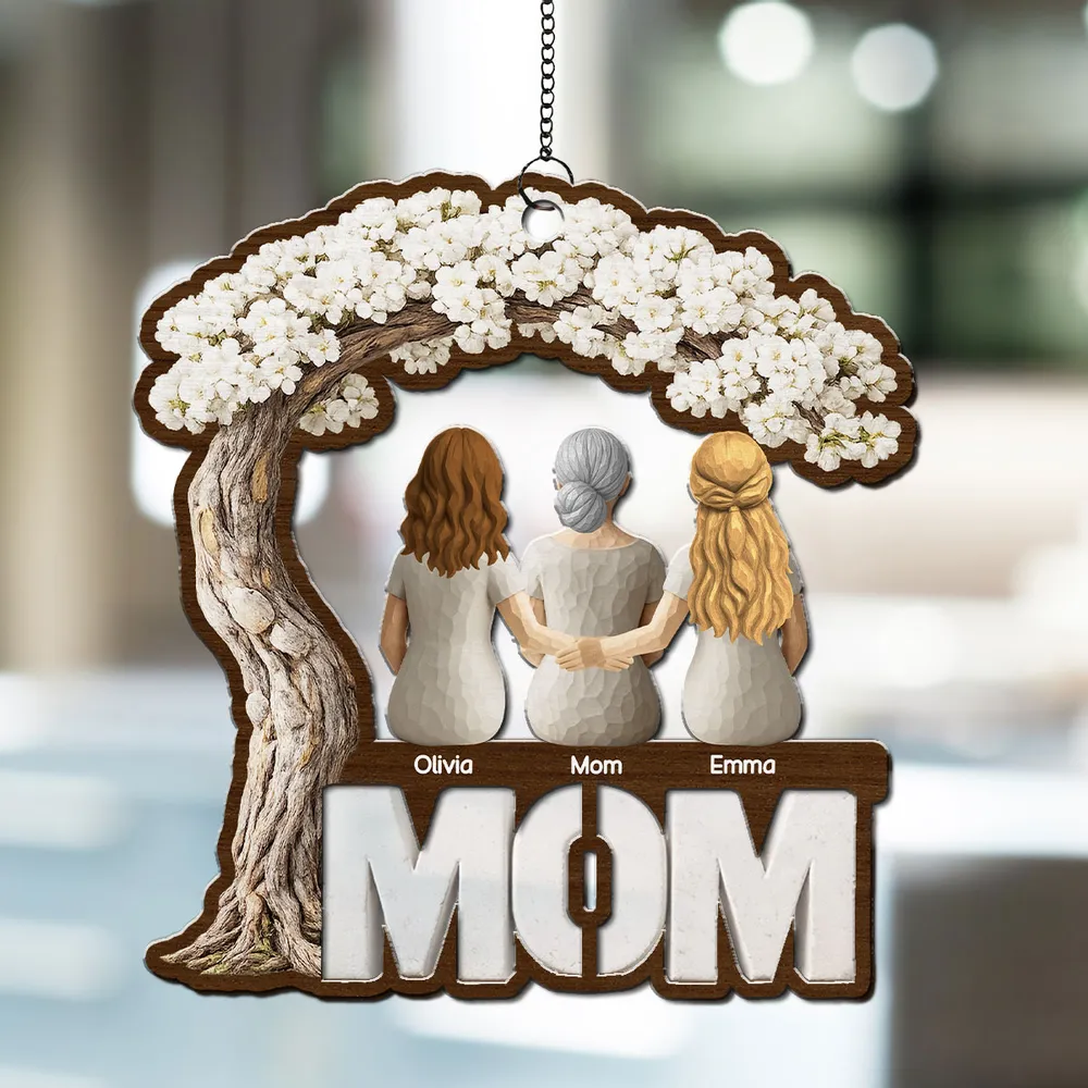 Personalized Wood and Acrylic Layered Ornament for Mom, Back View Family Under Blossom Tree, Unique Gift for Her - Image 6