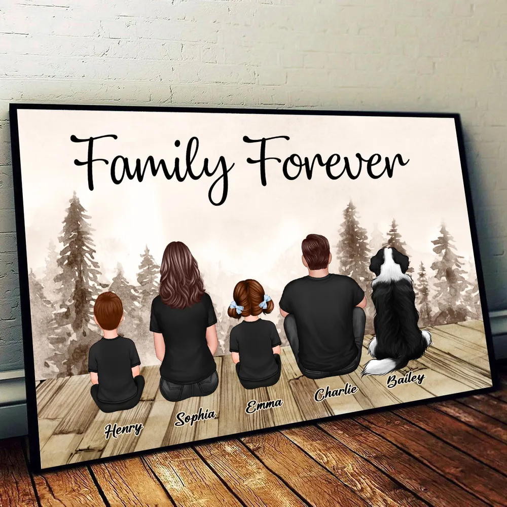 Custom Family Poster, Cozy Woodland Scene with Back View Parents Kids and Pet, Heartfelt Home Decor Unique Gift - Image 4