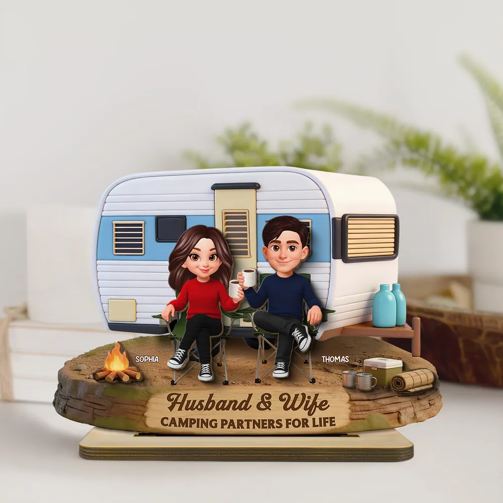 2-Layer Wooden Plaque Personalized for Husband & Wife, Cute Camper Scene Gift That Celebrates Partners for Life - Image 2