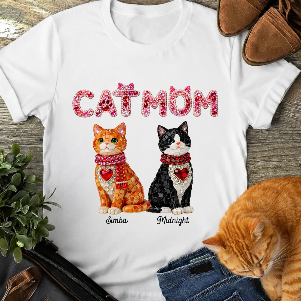 Personalized Cat Mom Classic Tee With Shiny Mosaic Cats, Cute Everyday Wear, Unique Gift for Cat Lovers - Image 5