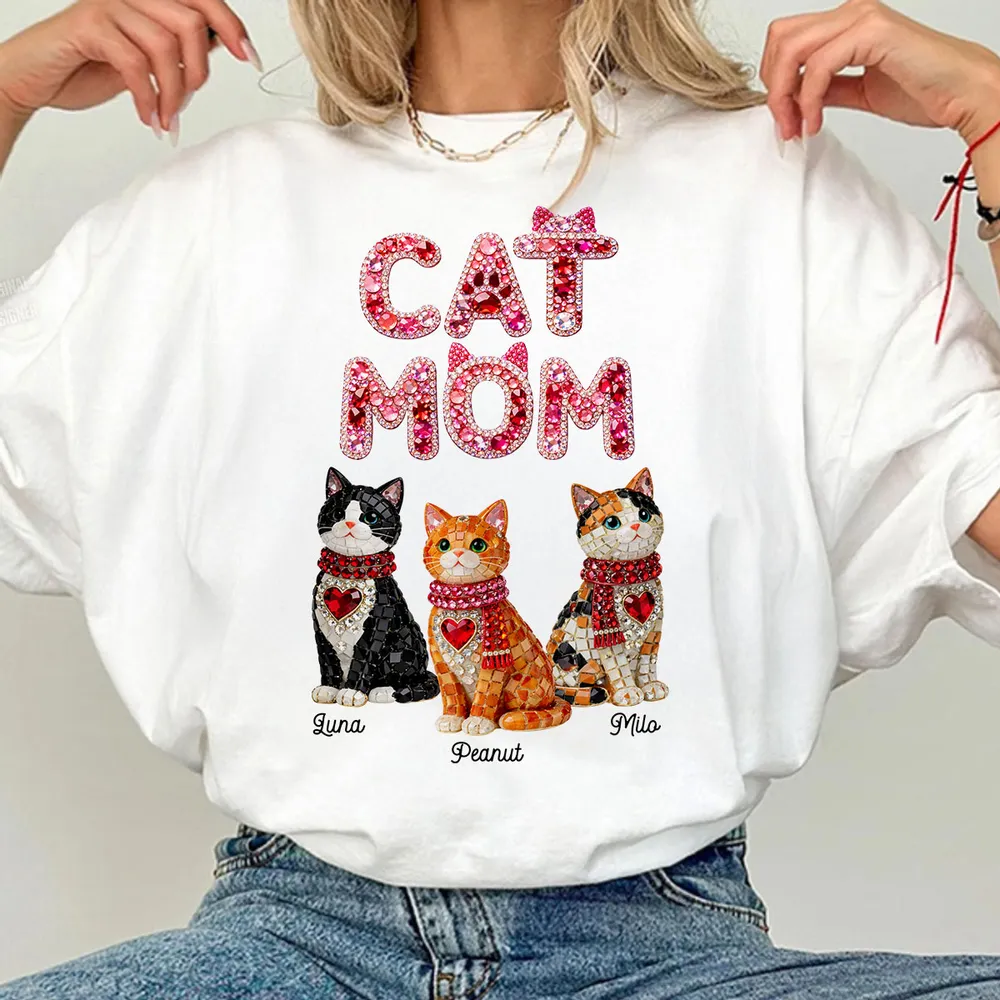 Personalized Cat Mom Classic Tee With Shiny Mosaic Cats, Cute Everyday Wear, Unique Gift for Cat Lovers - Image 7