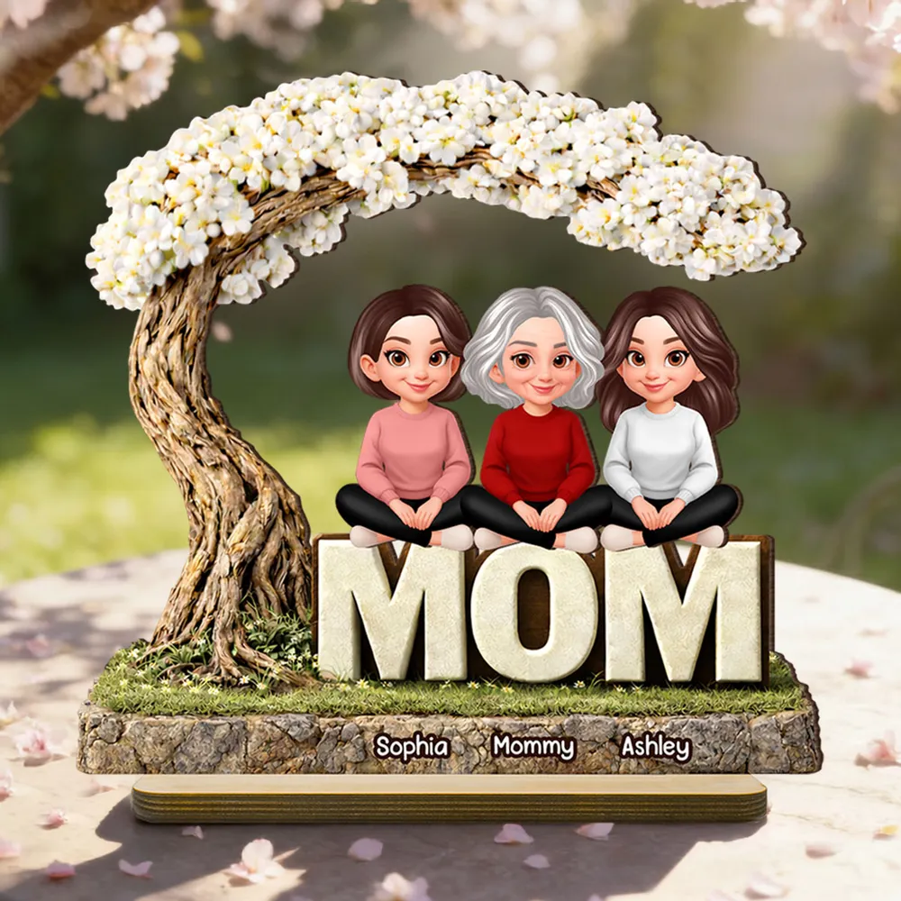 2-Layer Wooden Plaque Personalized Family Scene Under a Flowering Tree, Warm Home Display, Heartfelt Gift for Mom - Image 2