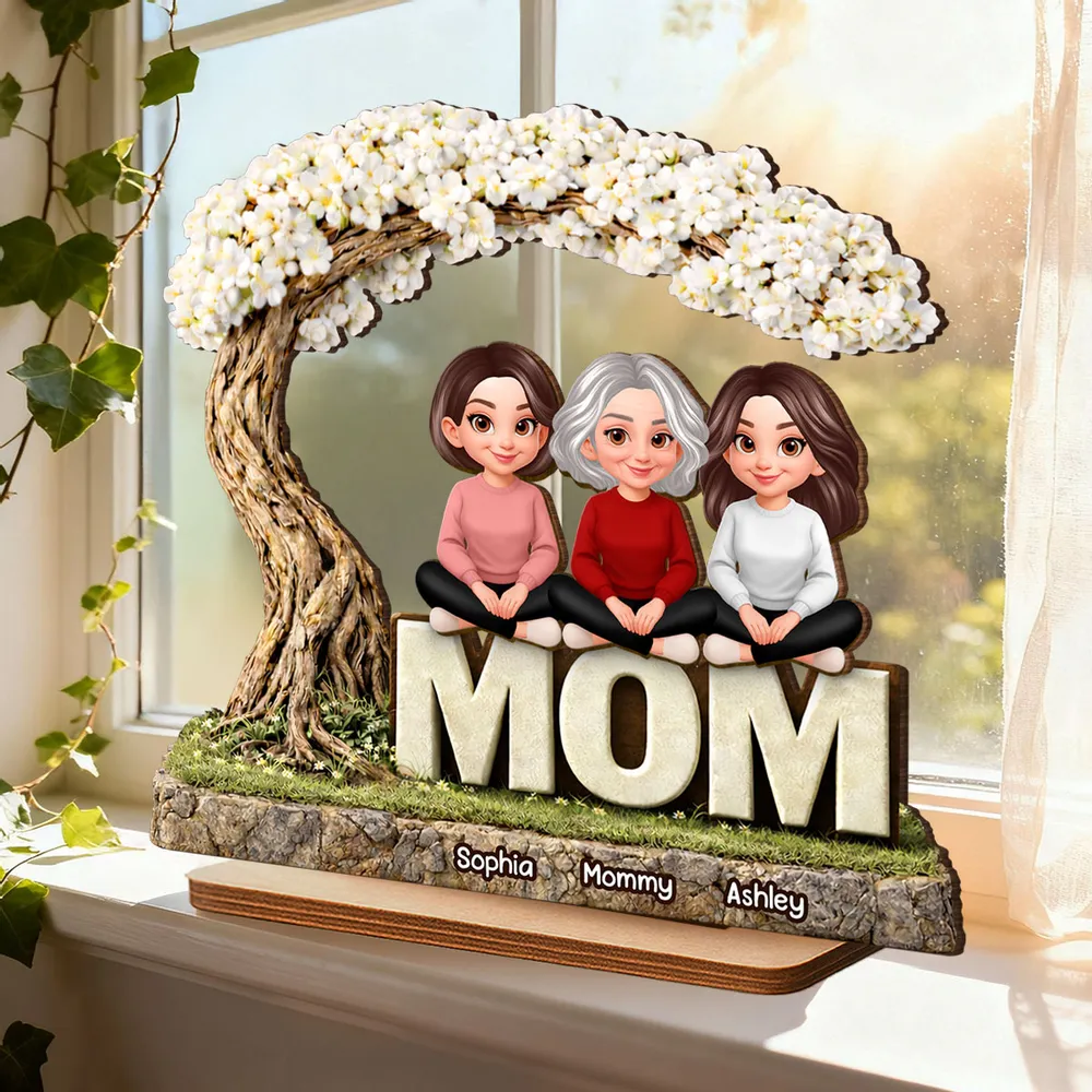 2-Layer Wooden Plaque Personalized Family Scene Under a Flowering Tree, Warm Home Display, Heartfelt Gift for Mom - Image 3
