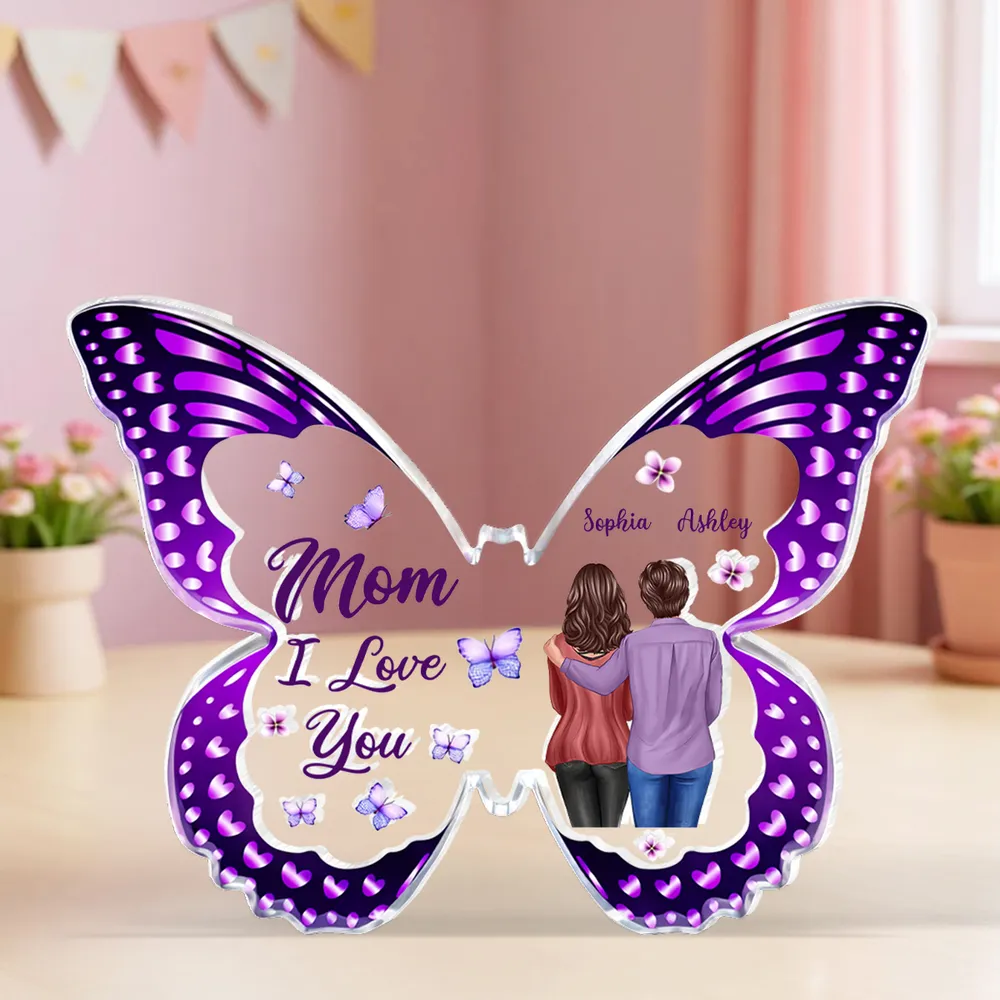 Personalized Butterfly Shaped Acrylic Block Plaque, Mom I Love You Gift, Hugging Mom & Daughter Keepsake for Shelf Decor - Image 3