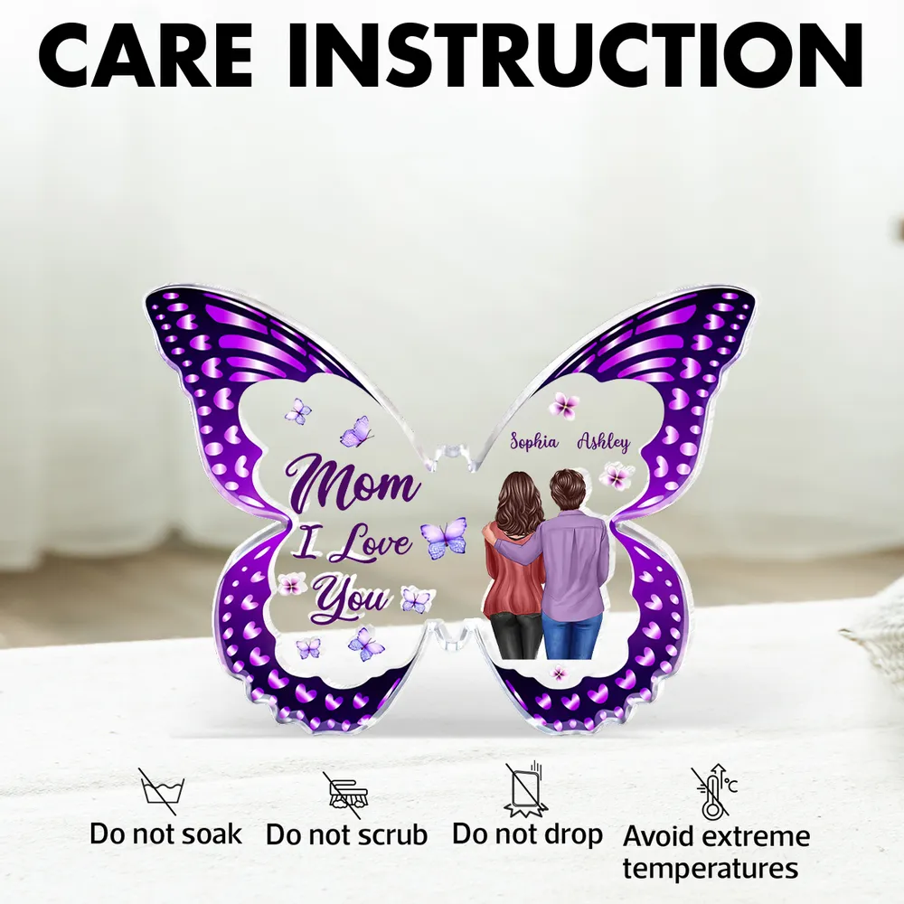 Personalized Butterfly Shaped Acrylic Block Plaque, Mom I Love You Gift, Hugging Mom & Daughter Keepsake for Shelf Decor - Image 4
