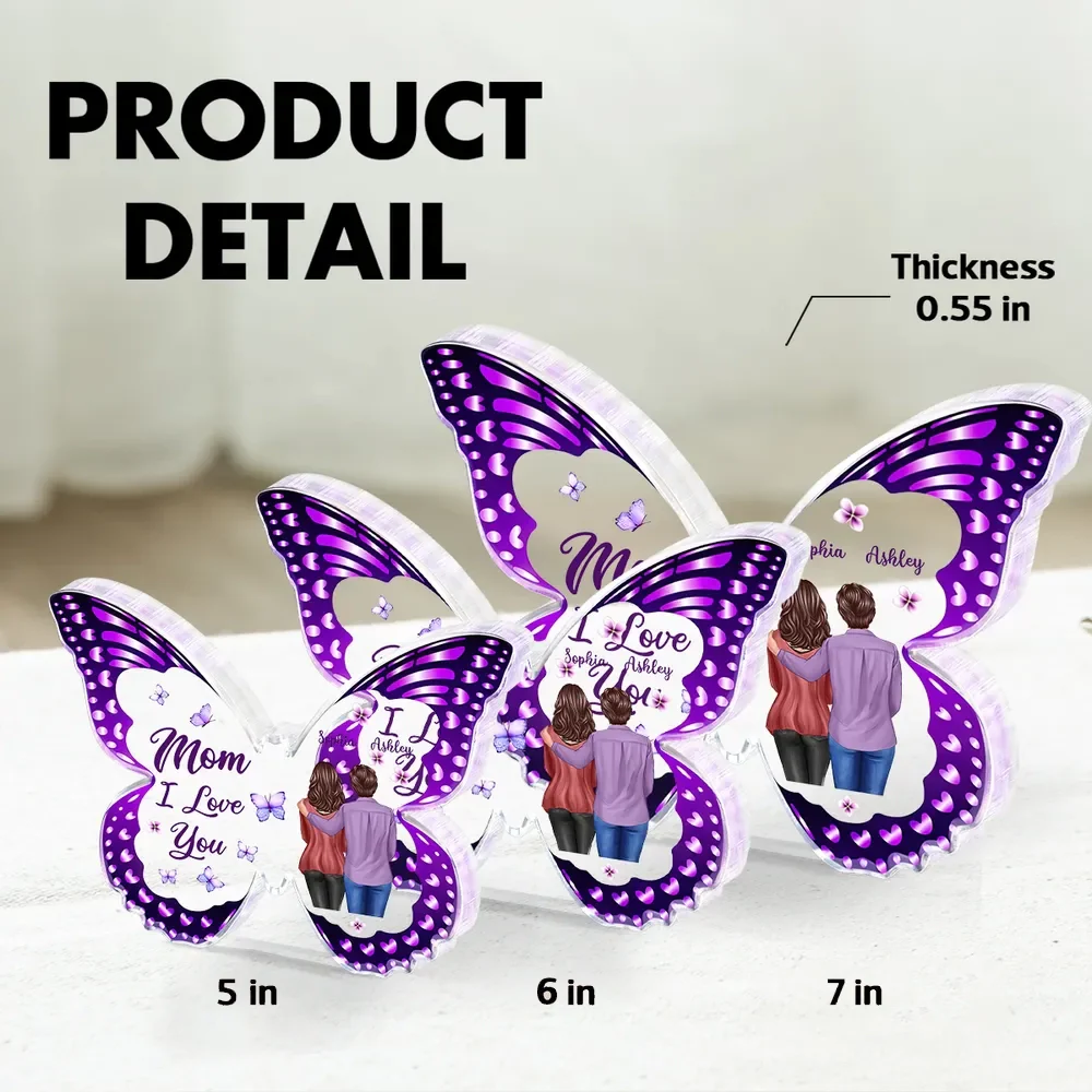 Personalized Butterfly Shaped Acrylic Block Plaque, Mom I Love You Gift, Hugging Mom & Daughter Keepsake for Shelf Decor - Image 5