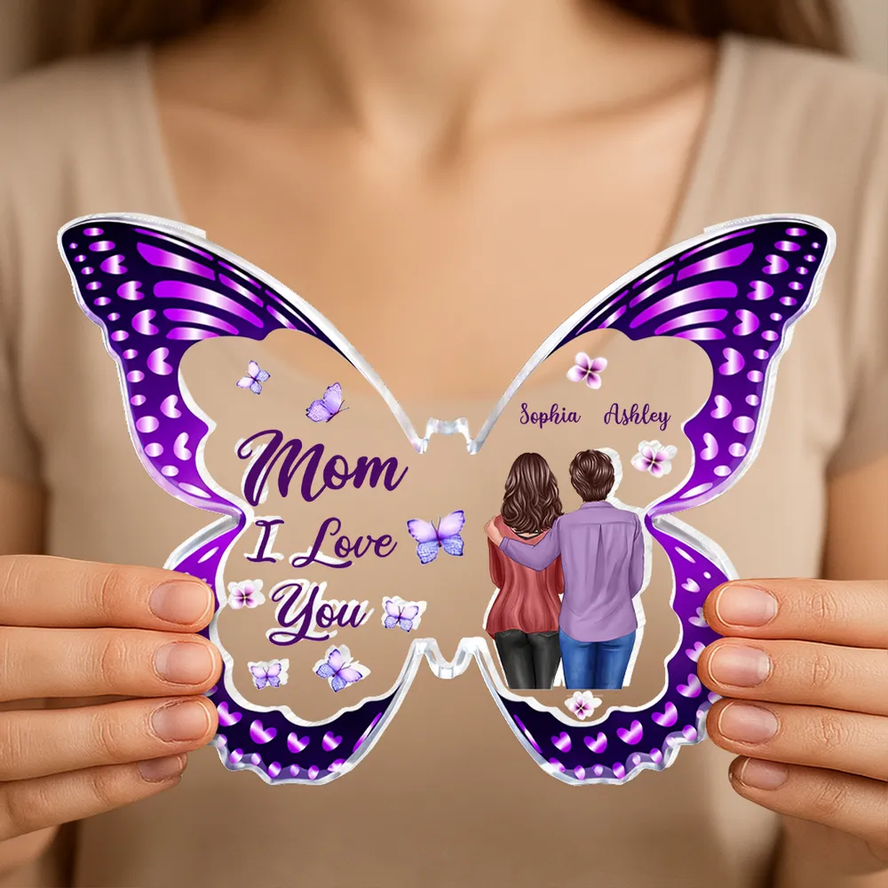 Personalized Butterfly Shaped Acrylic Block Plaque, Mom I Love You Gift, Hugging Mom & Daughter Keepsake for Shelf Decor - Image 6