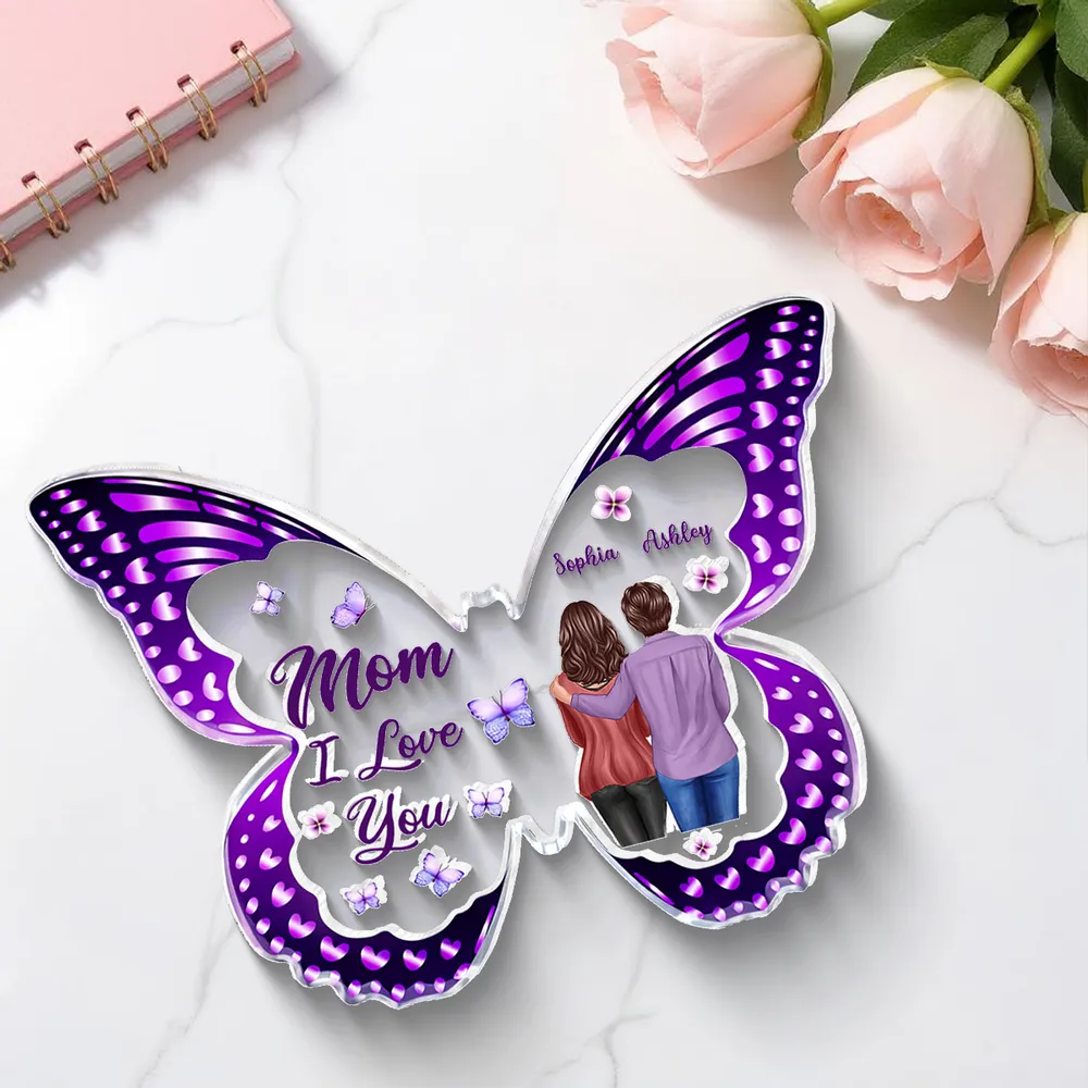 Personalized Butterfly Shaped Acrylic Block Plaque, Mom I Love You Gift, Hugging Mom & Daughter Keepsake for Shelf Decor - Image 7