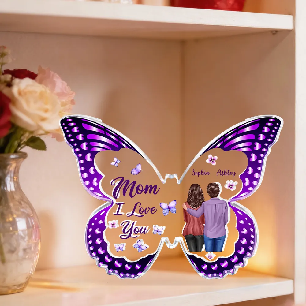 Personalized Butterfly Shaped Acrylic Block Plaque, Mom I Love You Gift, Hugging Mom & Daughter Keepsake for Shelf Decor - Image 8