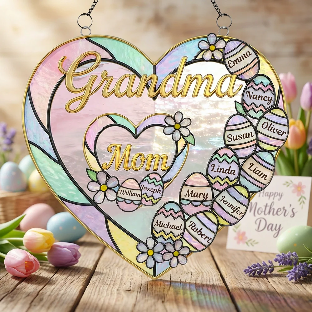 Personalized Acrylic Suncatcher Ornament Heart with Mom & Grandma, Pastel Easter Eggs Window Decor, Unique Gift for Family - Image 2