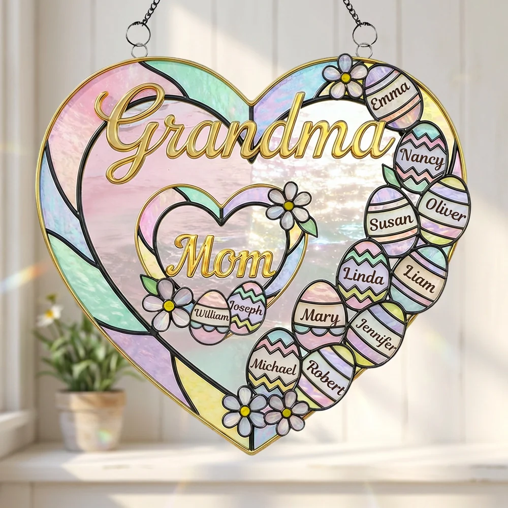 Personalized Acrylic Suncatcher Ornament Heart with Mom & Grandma, Pastel Easter Eggs Window Decor, Unique Gift for Family - Image 4