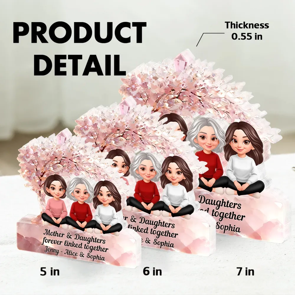 Personalized Shaped Acrylic Block Plaque, Mother & Daughters Under Pink Blossom Tree, Unique Gift for Mom - Image 4
