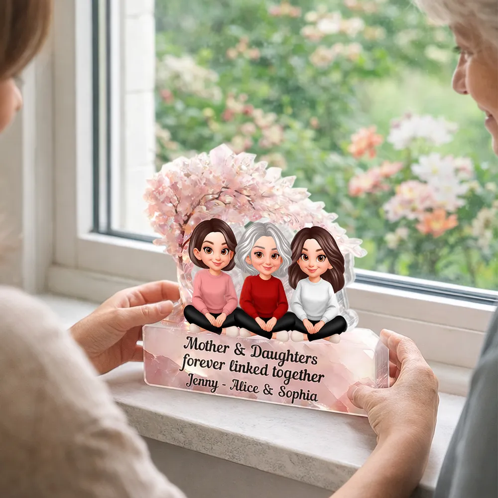 Personalized Shaped Acrylic Block Plaque, Mother & Daughters Under Pink Blossom Tree, Unique Gift for Mom - Image 5