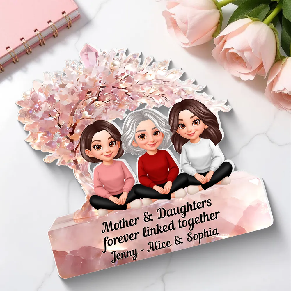 Personalized Shaped Acrylic Block Plaque, Mother & Daughters Under Pink Blossom Tree, Unique Gift for Mom - Image 7