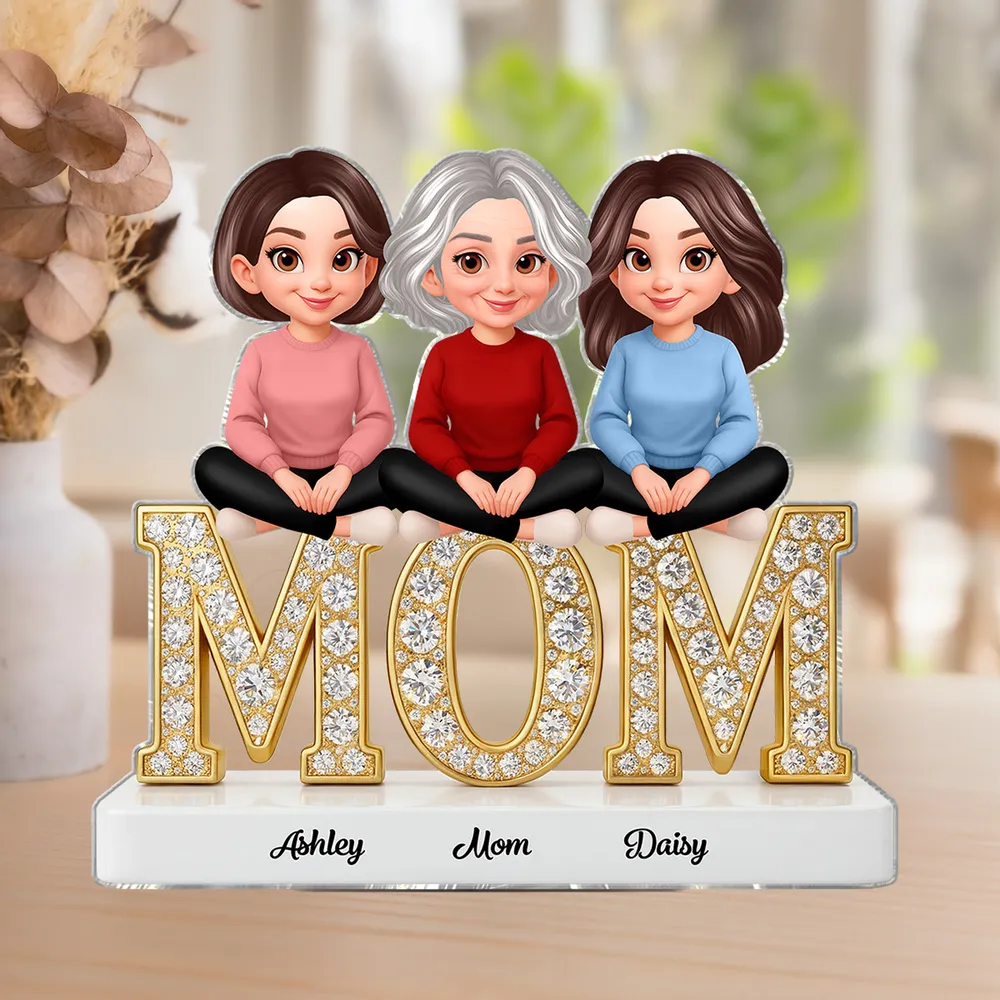 Personalized Shaped Acrylic Block Plaque with Mom & Daughters Cartoon Illustration, Sparkly MOM Shelf Decor, Unique Gift for Mom - Image 2