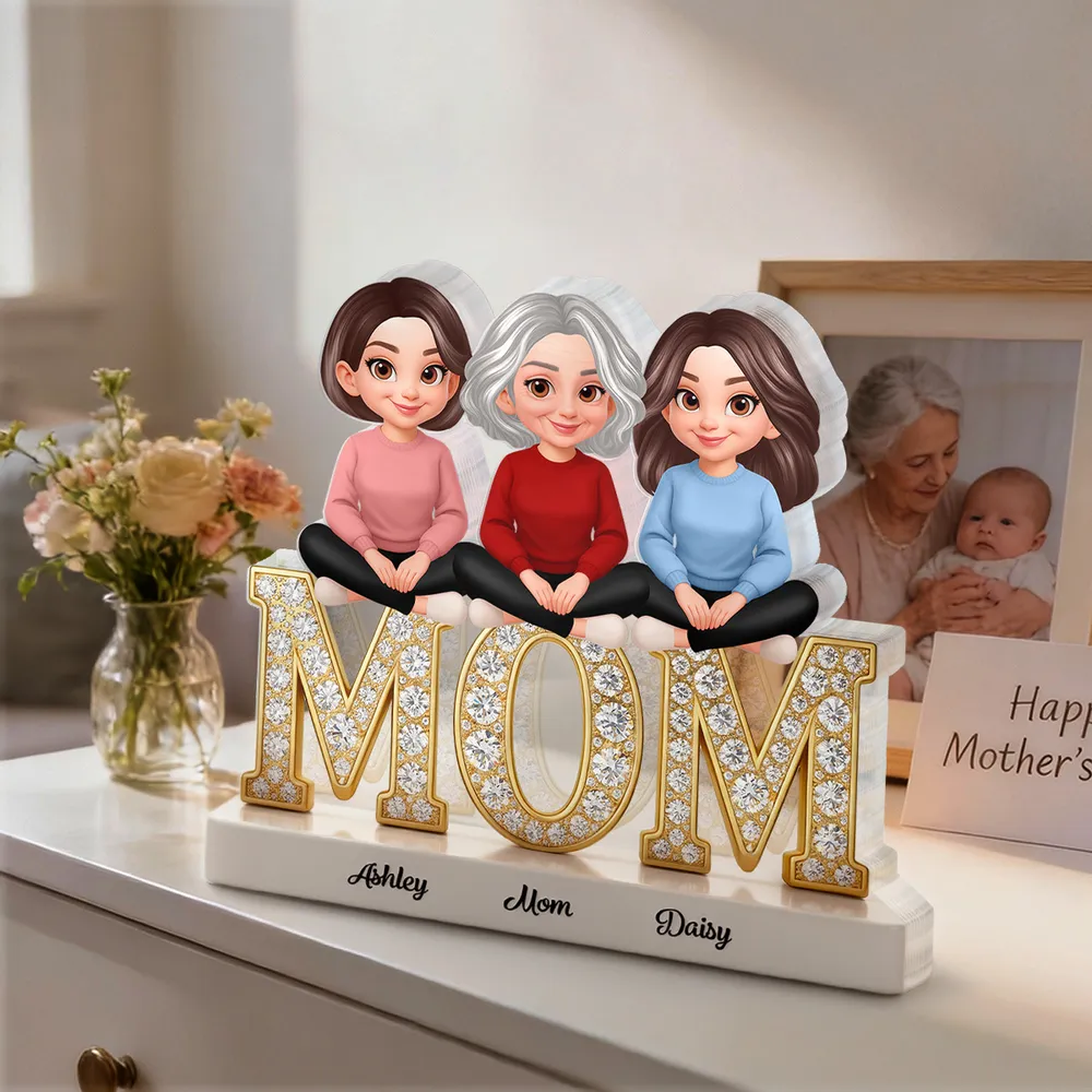 Personalized Shaped Acrylic Block Plaque with Mom & Daughters Cartoon Illustration, Sparkly MOM Shelf Decor, Unique Gift for Mom - Image 3