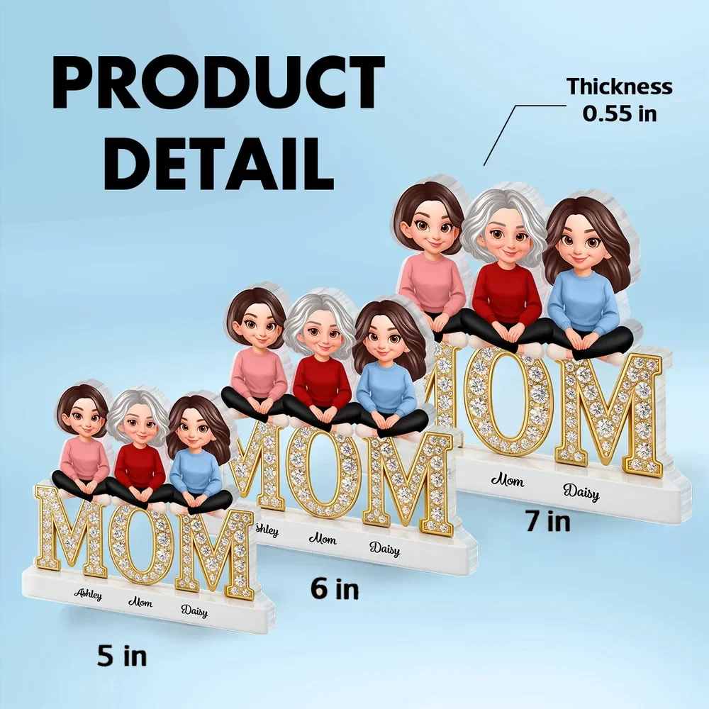 Personalized Shaped Acrylic Block Plaque with Mom & Daughters Cartoon Illustration, Sparkly MOM Shelf Decor, Unique Gift for Mom - Image 4