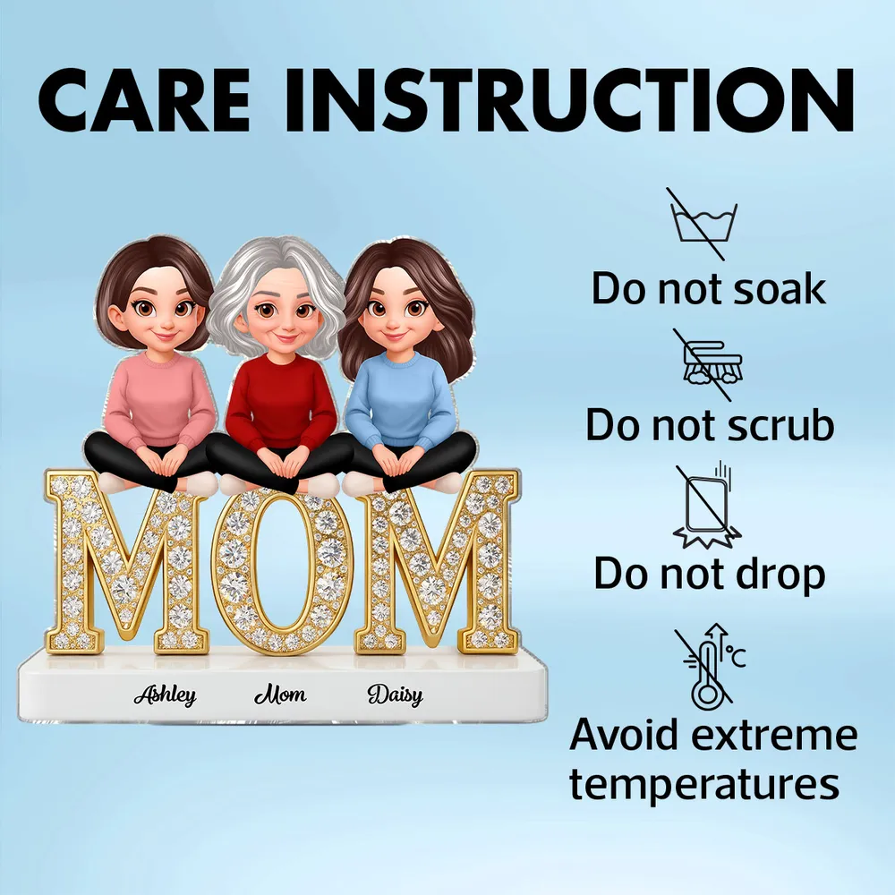 Personalized Shaped Acrylic Block Plaque with Mom & Daughters Cartoon Illustration, Sparkly MOM Shelf Decor, Unique Gift for Mom - Image 5