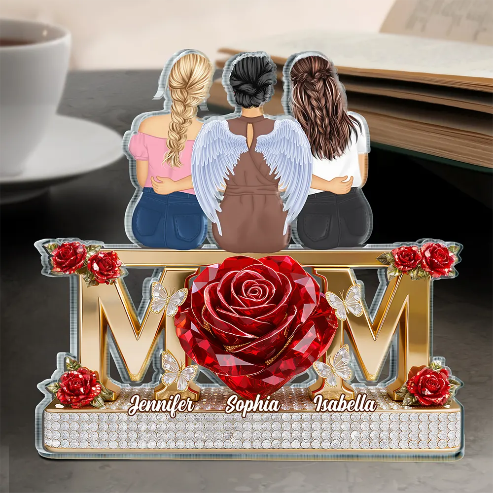 Personalized Shaped Acrylic Block Plaque Mom With Daughters Back-Hug Design, Red Rose Heart Keepsake, Unique Gift for Mom - Image 4