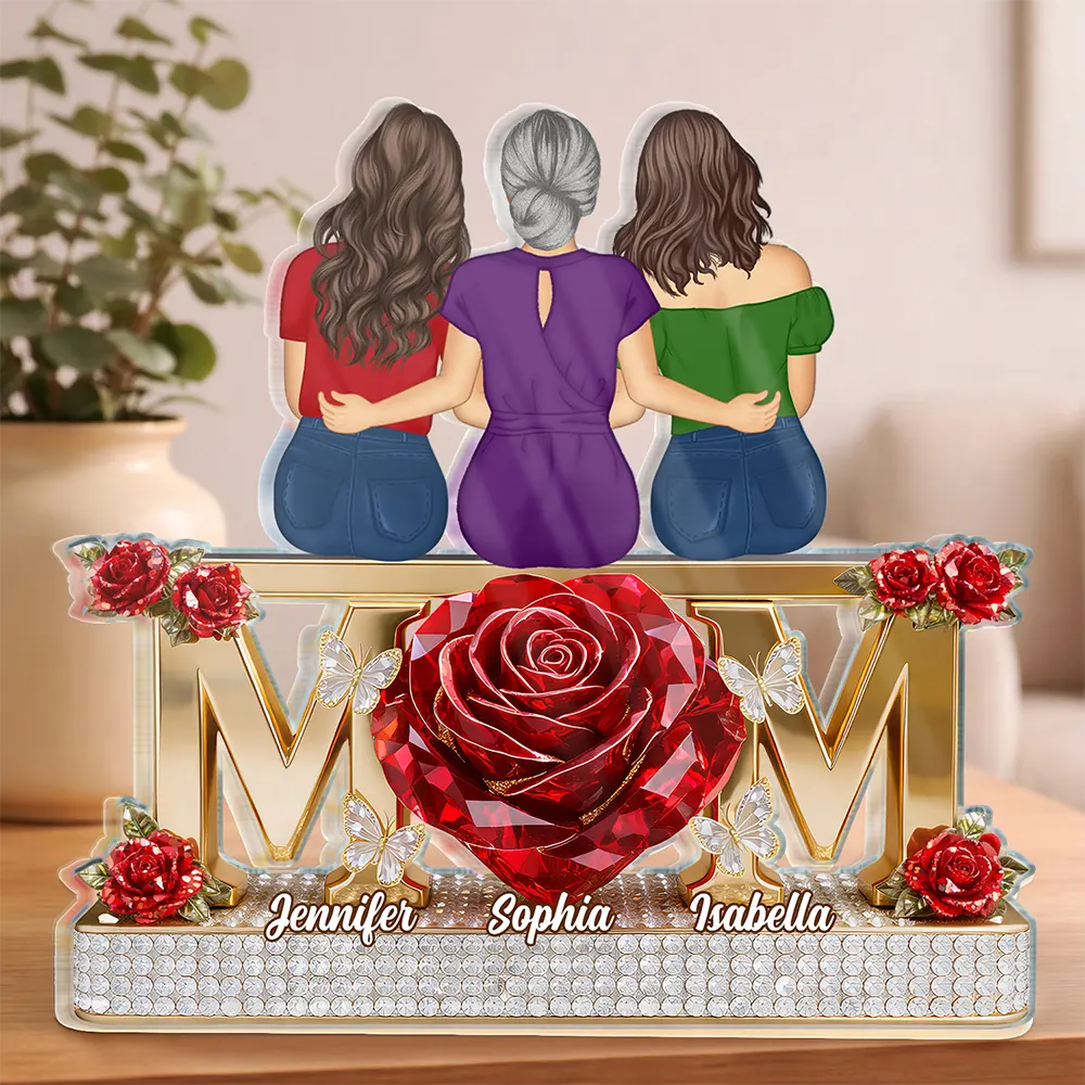 Personalized Shaped Acrylic Block Plaque Mom With Daughters Back-Hug Design, Red Rose Heart Keepsake, Unique Gift for Mom - Image 5
