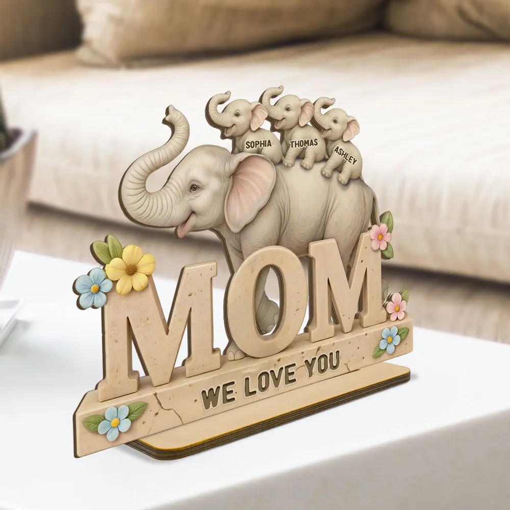 Personalized 2-Layer Wooden Plaque with Elephant Mom and Calves, We Love You Message, Unique Gift for Mom - Image 2