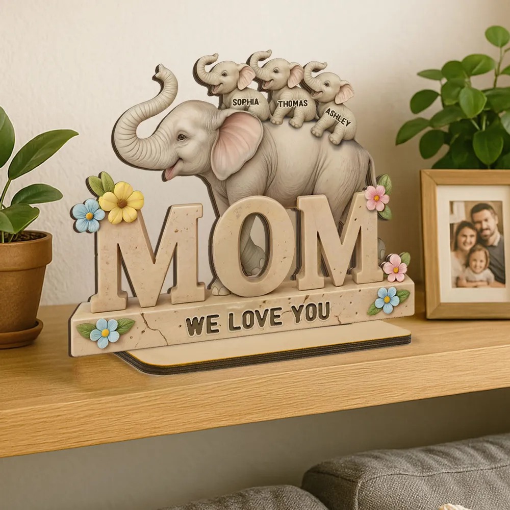 Personalized 2-Layer Wooden Plaque with Elephant Mom and Calves, We Love You Message, Unique Gift for Mom - Image 4