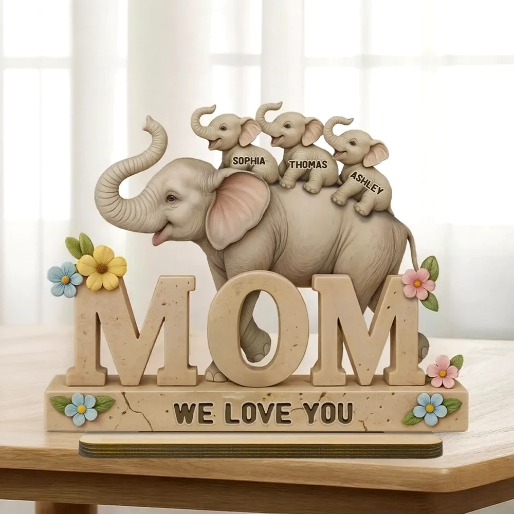 Personalized 2-Layer Wooden Plaque with Elephant Mom and Calves, We Love You Message, Unique Gift for Mom - Image 5