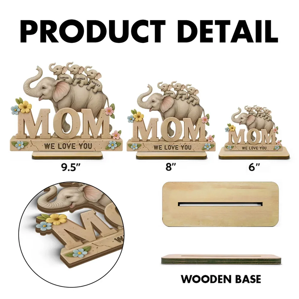 Personalized 2-Layer Wooden Plaque with Elephant Mom and Calves, We Love You Message, Unique Gift for Mom - Image 6