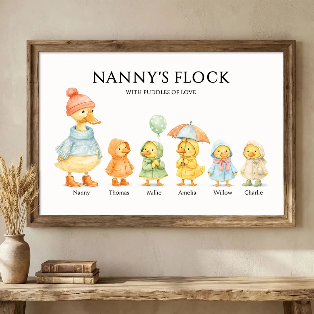 Nanny's Flock Poster Personalized with Puddles of Love, Cute Watercolor Ducks in Raincoats, Unique Gift for Grandma - Image 2