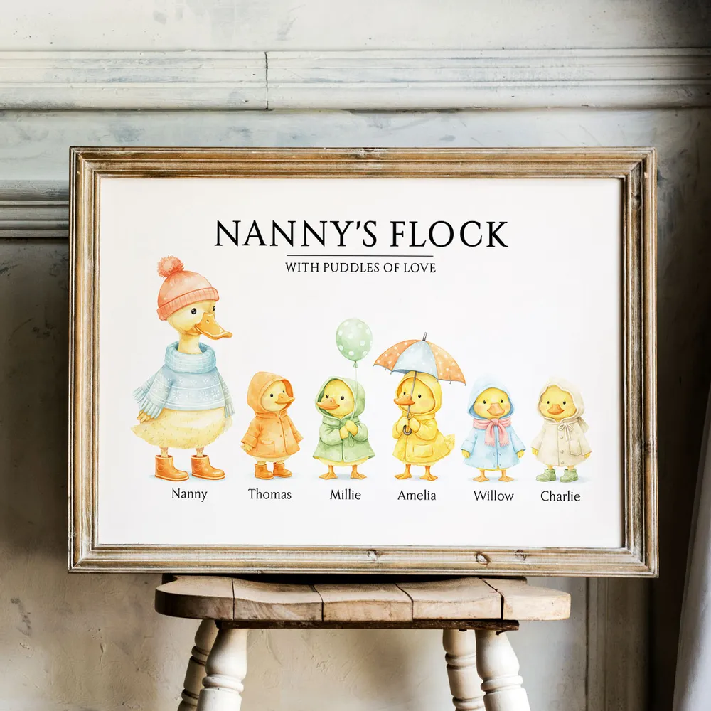 Nanny's Flock Poster Personalized with Puddles of Love, Cute Watercolor Ducks in Raincoats, Unique Gift for Grandma - Image 4